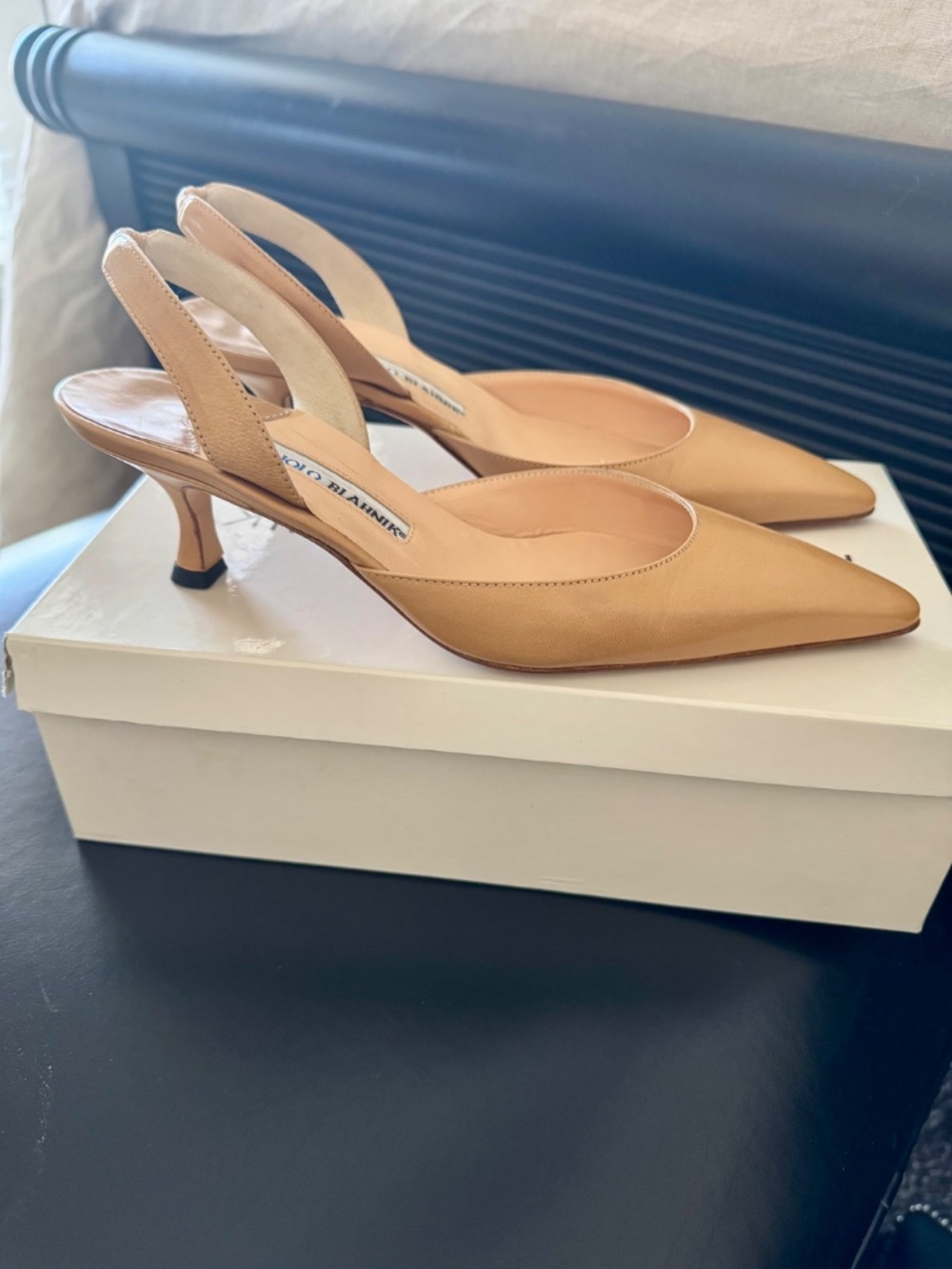 Vintage Manolo Blahnik Nude Leather Sling Back Pumps - Picture 2 of 4